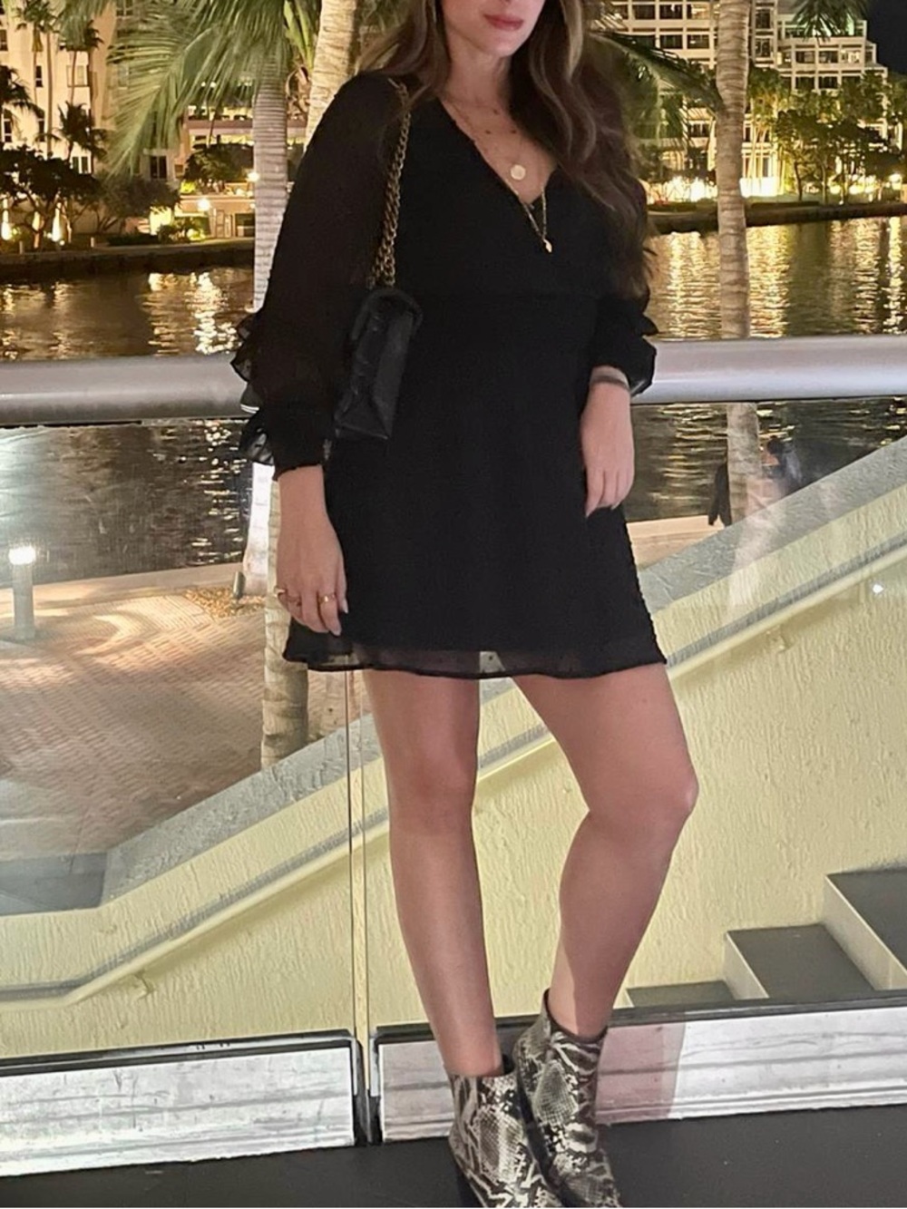 Women's Black V-Neck Long-Sleeve Mini Dress